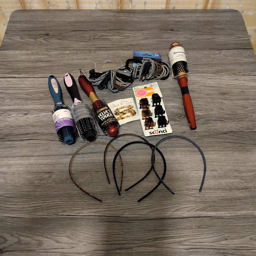 Hair Accessories Lot- Round Brushes, Elastics, 4 Headbands and Scunci Clips NWT